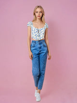 Blue Flower Fishbone Crop Top
