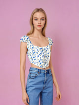 Blue Flower Fishbone Crop Top